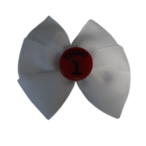 Bella Hair Bow - White with Thing 1 Badge- 9cm Girls Hair Accessories - non slip hair clips Pinkberry Kisses Hair Tie