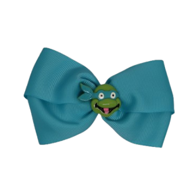 Cherish Hair Bow - Blue Hair Bow with Ninja Turtle Leonardo Badge - 9cm Girls Hair Accessories - non slip hair clips hair bow Pinkberry Kisses