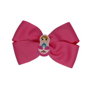 Cherish Hair Bow - Hot Pink Hair Bow with Russian Doll Badge - 9cm Girls Hair Accessories - non slip hair clips hair bow Pinkberry Kisses