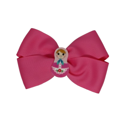 Cherish Hair Bow - Hot Pink Hair Bow with Russian Doll Badge - 9cm Girls Hair Accessories - non slip hair clips hair bow Pinkberry Kisses