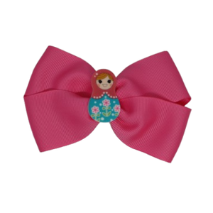 Cherish Hair Bow - Pink Hair Bow with Russian Doll Badge - 9cm Girls Hair Accessories - non slip hair clips hair bow Pinkberry Kisses