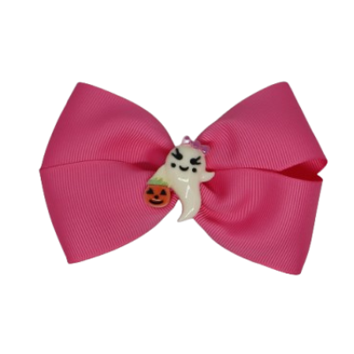 Cherish Hair Bow - Pink Hair Bow with Halloween Ghost Badge - 9cm Girls Hair Accessories - non slip hair clips hair bow Pinkberry Kisses