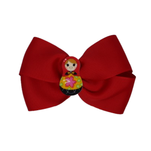 Cherish Hair Bow - Red Hair Bow with Russian Doll Badge - 9cm Girls Hair Accessories - non slip hair clips hair bow Pinkberry Kisses