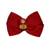 Cherish Hair Bow - Red Hair Bow with Russian Doll Badge - 9cm Girls Hair Accessories - non slip hair clips hair bow Pinkberry Kisses