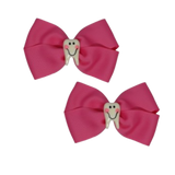 Cherish Hair Bow - Pink Hair Bow with Smiley Tooth Badge - 9cm Girls Hair Accessories - non slip hair clips hair bow Pinkberry Kisses Pair 