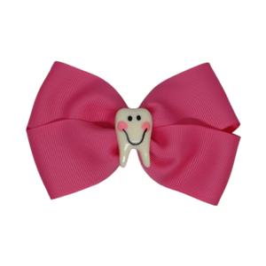 Cherish Hair Bow - Pink Hair Bow with Smiley Tooth Badge - 9cm Girls Hair Accessories - non slip hair clips hair bow Pinkberry Kisses