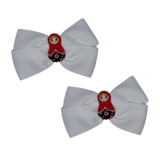 Cherish Hair Bow - White Hair Bow with Russian Doll Badge - 9cm Girls Hair Accessories - non slip hair clips hair bow Pinkberry Kisses Pair