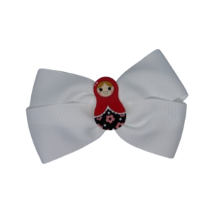 Cherish Hair Bow - White Hair Bow with Russian Doll Badge - 9cm Girls Hair Accessories - non slip hair clips hair bow Pinkberry Kisses