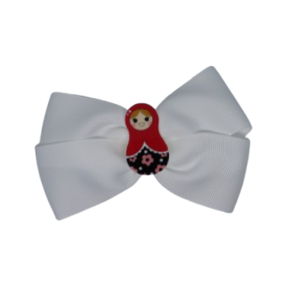 Cherish Hair Bow - White Hair Bow with Russian Doll Badge - 9cm Girls Hair Accessories - non slip hair clips hair bow Pinkberry Kisses