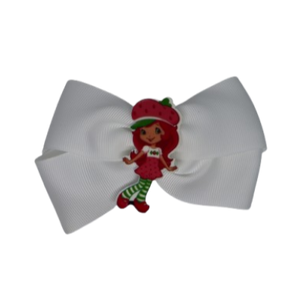 Cherish Hair Bow - White Hair Bow with Strawberry Cake Badge - 9cm Girls Hair Accessories - non slip hair clips hair bow Pinkberry Kisses