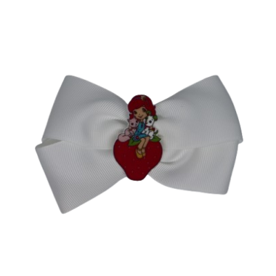 Cherish Hair Bow - White Hair Bow with Strawberry shortcake on a strawberry Badge - 9cm Girls Hair Accessories - non slip hair clips hair bow Pinkberry Kisses