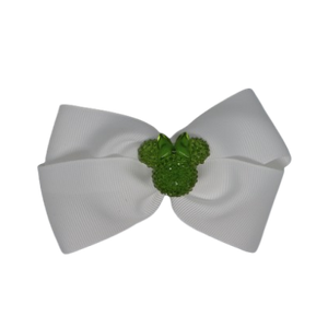 Cherish Hair Bow - White Hair Bow with Green Minnie Mouse Badge - 9cm Girls Hair Accessories - non slip hair clips hair bow Pinkberry Kisses