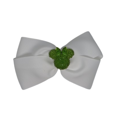 Cherish Hair Bow - White Hair Bow with Green Minnie Mouse Badge - 9cm Girls Hair Accessories - non slip hair clips hair bow Pinkberry Kisses