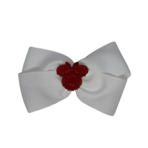 Cherish Hair Bow - White Hair Bow with Red Minnie Mouse Badge - 9cm Girls Hair Accessories - non slip hair clips hair bow Pinkberry Kisses