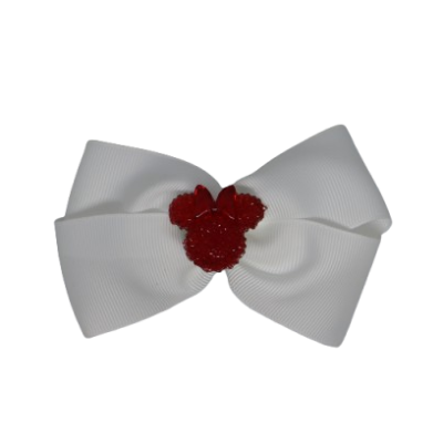 Cherish Hair Bow - White Hair Bow with Red Minnie Mouse Badge - 9cm Girls Hair Accessories - non slip hair clips hair bow Pinkberry Kisses