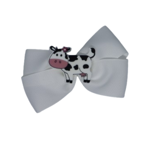 Cherish Hair Bow - White Hair Bow with Moo Cow - 9cm Girls Hair Accessories - non slip hair clips hair bow Pinkberry Kisses