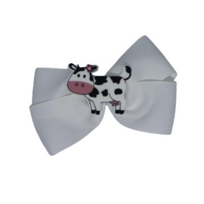 Cherish Hair Bow - White Hair Bow with Moo Cow - 9cm Girls Hair Accessories - non slip hair clips hair bow Pinkberry Kisses