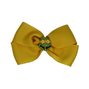 Cherish Hair Bow - Yellow Hair Bow with Ninja Turtle Michelangelo Badge - 9cm Girls Hair Accessories - non slip hair clips hair bow Pinkberry Kisses