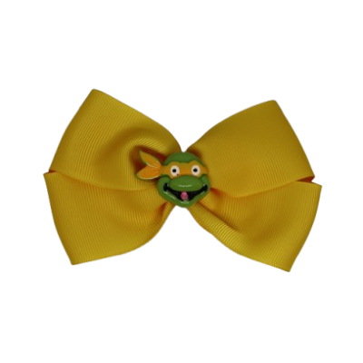 Cherish Hair Bow - Yellow Hair Bow with Ninja Turtle Michelangelo Badge - 9cm Girls Hair Accessories - non slip hair clips hair bow Pinkberry Kisses