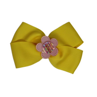 Cherish Hair Bow - Yellow Hair Bow with Pink Flower  Badge - 9cm Girls Hair Accessories - non slip hair clips hair bow Pinkberry Kisses