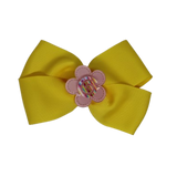 Cherish Hair Bow - Yellow Hair Bow with Pink Flower  Badge - 9cm Girls Hair Accessories - non slip hair clips hair bow Pinkberry Kisses