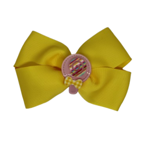 Cherish Hair Bow - Yellow Hair Bow with Pink Lollipop Badge - 9cm Girls Hair Accessories - non slip hair clips hair bow Pinkberry Kisses