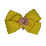 Cherish Hair Bow - Yellow Hair Bow with Pink Lollipop Badge - 9cm Girls Hair Accessories - non slip hair clips hair bow Pinkberry Kisses