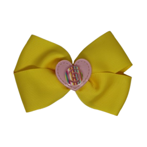 Cherish Hair Bow - Yellow Hair Bow with Pink Love Heart Badge - 9cm Girls Hair Accessories - non slip hair clips hair bow Pinkberry Kisses