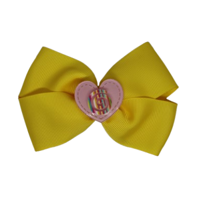 Cherish Hair Bow - Yellow Hair Bow with Pink Love Heart Badge - 9cm Girls Hair Accessories - non slip hair clips hair bow Pinkberry Kisses