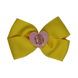 Cherish Hair Bow - Yellow Hair Bow with Pink Love Heart Badge - 9cm Girls Hair Accessories - non slip hair clips hair bow Pinkberry Kisses