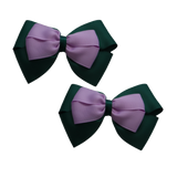 School uniform hair accessories Double Cherish Bow 11cm - Hunter Green Base & Centre Ribbon Light Orchid - Pinkberry Kisses Non Slip Hair Clip Hair Tie Pair