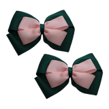 School uniform hair accessories Double Cherish Bow 11cm - Hunter Green Base & Centre Ribbon Light Pink - Pinkberry Kisses Non Slip Hair Clip Hair Tie Pair 