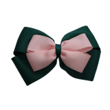 School uniform hair accessories Double Cherish Bow 11cm - Hunter Green Base & Centre Ribbon Light Pink - Pinkberry Kisses Non Slip Hair Clip Hair Tie