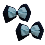 School uniform hair accessories Double Cherish Bow Non Slip Hair Clip Hair Bow Hair Tie - Navy Blue Base & Centre Ribbon 11cm Navy Blue Light Blue - Pinkberry Kisses Pair