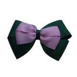 School uniform hair accessories Double Cherish Bow 9cm - Hunter Green Base & Centre Ribbon Light Orchid - Pinkberry Kisses Non Slip Hair Clip Hair Tie