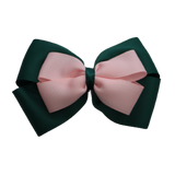 School uniform hair accessories Double Cherish Bow 9cm - Hunter Green Base & Centre Ribbon Light pink - Pinkberry Kisses Non Slip Hair Clip Hair Tie