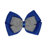 School uniform hair accessories Double Cherish Hair Bow Hair Tie Non Slip Hair Clip 11cm - Royal Blue Base & Centre Ribbon Light Grey - Pinkberry Kisses