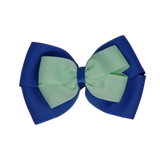 School uniform hair accessories Double Cherish Hair Bow Hair Tie Non Slip Hair Clip 11cm - Royal Blue Base & Centre Ribbon Pastel Green - Pinkberry Kisses