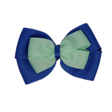 School uniform hair accessories Double Cherish Hair Bow Hair Clip Non Slip Hair Tie 9cm - Royal Blue Base & Centre Ribbon Light Pastel Green - Pinkberry Kisses