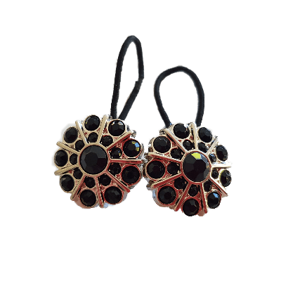 Pigtail Hairband Toggles - Black Double Row Flower (pair)