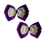 School uniform hair accessories Double Cherish Bow 11cm non Slip Hair Clip Hair Tie - Purple Base & Centre Ribbon - Pinkberry Kisses Purple Cream Ivory Pair 