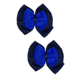 School uniform hair accessories Double Bella Bow 10cm - Navy Blue Base & Centre Ribbon Electric Blue Hair Bow Pair - Pinkberry Kisses Non Slip Hair Clip