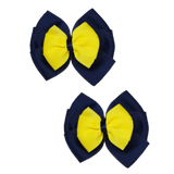 School uniform hair accessories Double Bella Bow 10cm - Navy Blue Base & Centre Ribbon Lemon Yellow Hair Bow Pair - Pinkberry Kisses Non Slip Hair Clip