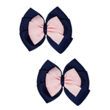School uniform hair accessories Double Bella Bow 10cm - Navy Blue Base & Centre Ribbon Light Pink Hair Bow Pair - Pinkberry Kisses Non Slip Hair Clip