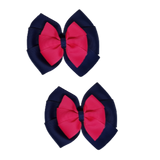 School uniform hair accessories Double Bella Bow 10cm - Navy Blue Base & Centre Ribbon Shocking Pink Hair Bow Pair - Pinkberry Kisses Non Slip Hair Clip