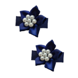 Baby Non Slip Hair Clip - Satin Beaded Flower baby hair accessories - pinkberry kisses Navy Pair of Hair Clips 