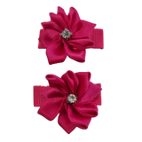 Baby and Toddler non slip hair clips - Hot Pink satin bling flower Pinkberry Kisses Pair of Hair Clips