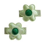 Baby and Toddler non slip hair clips - Bright Green satin flower Pinkberry Kisses Pair