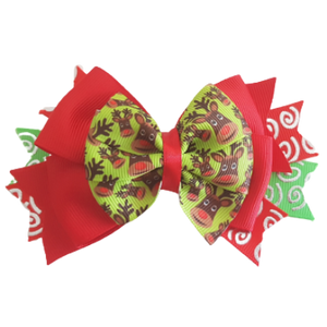 Christmas Hair Accessories - Stacked Layered Green Reindeer Hair Bow Hair Clip - Pinkberry Kisses