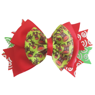 Christmas Hair Accessories - Stacked Layered Green Reindeer Hair Bow Hair Clip - Pinkberry Kisses